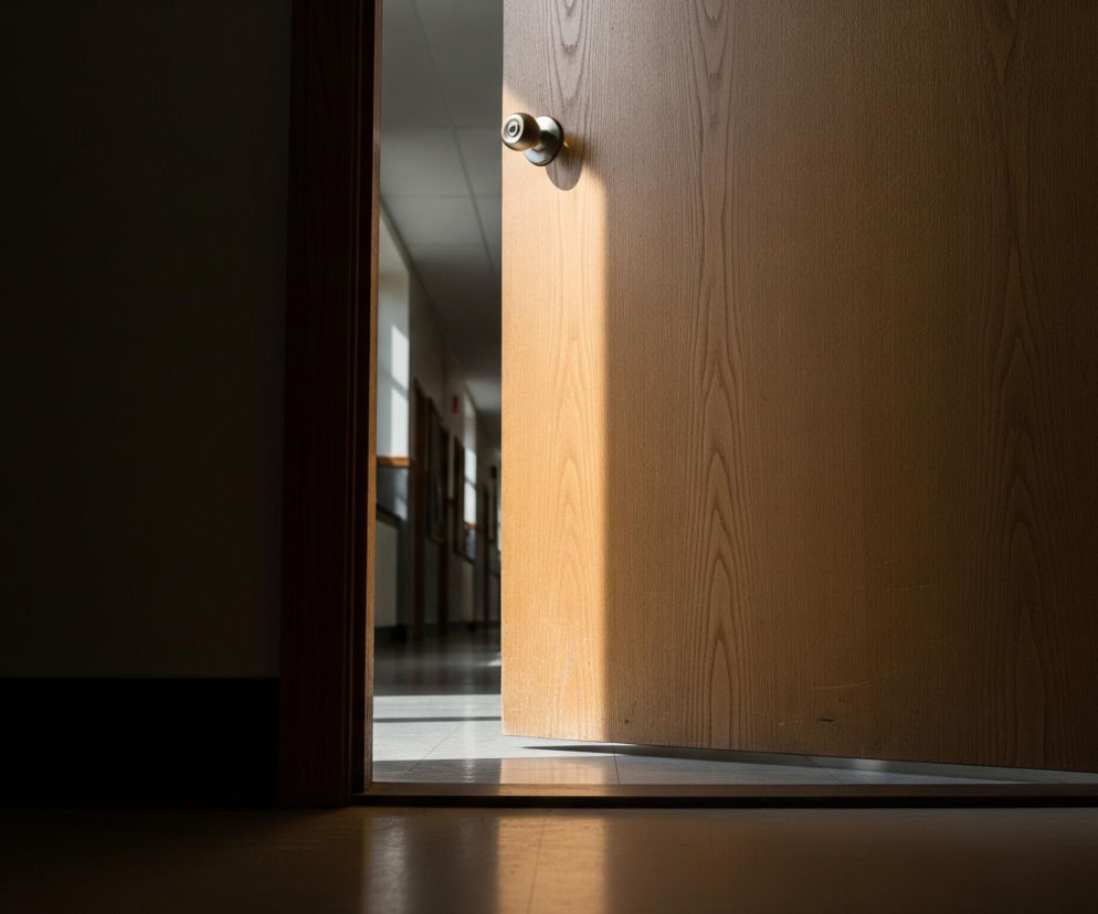 Drewniane, uchylone drzwi z okrągłą klamką znajdują się w centrum obrazu, otwierając się na jasny korytarz. Na lewej części drzwi widać pionową smugę jasnego światła słonecznego, która pada również na klamkę. Prawa strona drzwi pozostaje w cieniu, ukazując strukturę słojów drewna. Korytarz za drzwiami jest oświetlony naturalnym światłem wpadającym przez okna po prawej stronie, a jego podłoga odbija promienie słońca. Przestrzeń po lewej stronie drzwi jest ciemna, niemal całkowicie zacieniona.