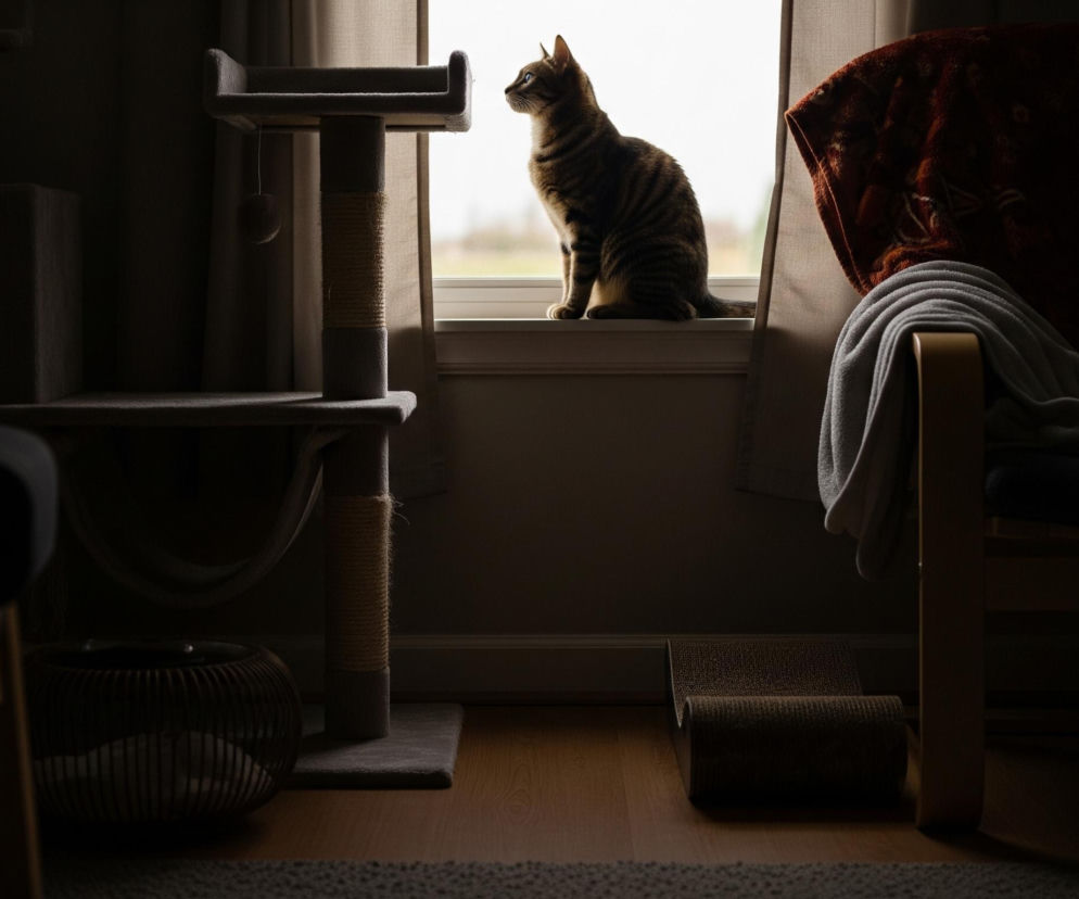 Kot o futrze w brązowo-czarne paski siedzi na parapecie okna, spoglądając w prawo. Jasne światło z zewnątrz wypełnia okno, tworząc sylwetkę zwierzęcia i oświetlając fragment krajobrazu. Po lewej stronie widoczny jest szary drapak dla kota z kilkoma platformami i owiniętymi sizalem słupkami. Po prawej stronie, obok okna, znajduje się część mebla pokrytego miękkim, rudym kocem z ciemnym wzorem, a na nim leży jasnoszary pled i poduszka z liściastym wzorem.