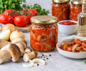 Grzyby w pomidorach na zimę. Cebula, kwaśno-słodki sos i pełne słoiki leśnego aromatu
