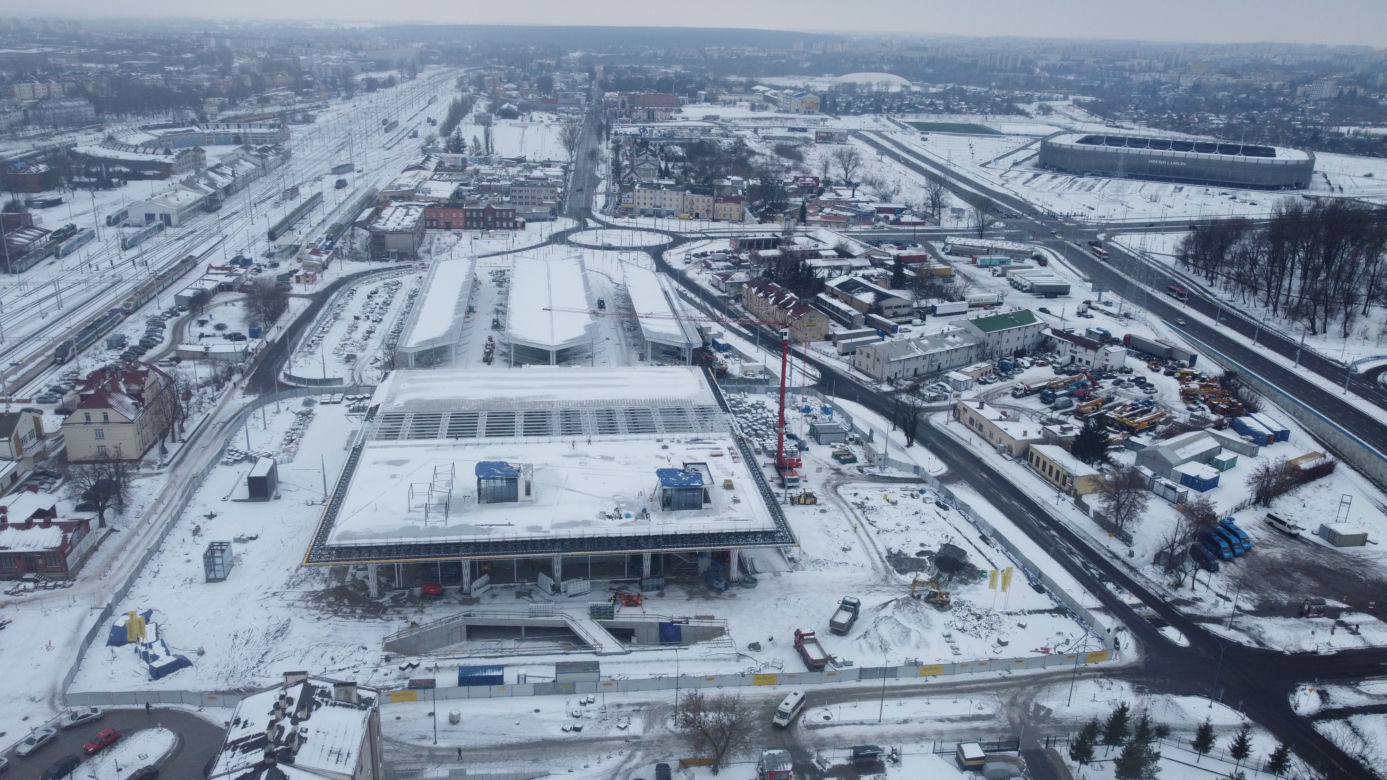 Budowa Dworca Metropolitalnego w Lublinie w zimowej odsłonie