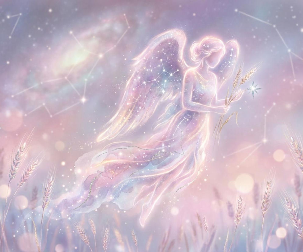 Zodiakalna Panna jako eteryczna postać ze skrzydłami, świecąca blaskiem gwiazd i otoczona kłosami zboża. Jej postać otula pastelowa, mglista poświata, symbolizująca subtelną energię kosmosu w horoskopie dziennym na naszym portalu.