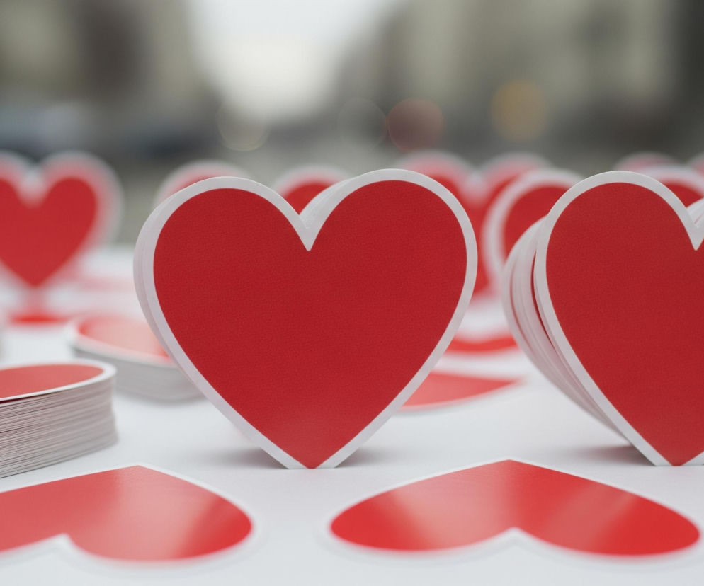 Duża liczba czerwonych serc, głównie dwuwymiarowych, jest rozłożona na białej powierzchni. W centrum obrazu znajduje się wyraźnie widoczne, pionowo ustawione serce, z jego czerwoną powierzchnią otoczoną białą obwódką. Po prawej stronie widać podobne, pionowo ustawione serce, częściowo zasłonięte przez to w centrum. Po lewej stronie leży stos serc ułożonych poziomo, tworzących gruby pakiet, również z czerwoną powierzchnią i białą obwódką. Reszta obrazu, zarówno z przodu, jak i w tle, wypełniona jest licznymi, rozproszonymi sercami, niektóre leżą płasko, a niektóre są ułożone w sterty, wszystkie z białą obwódką wokół czerwonego wnętrza. Tło jest rozmyte, z widocznymi zarysami miejskiego otoczenia w szaro-brązowych barwach.