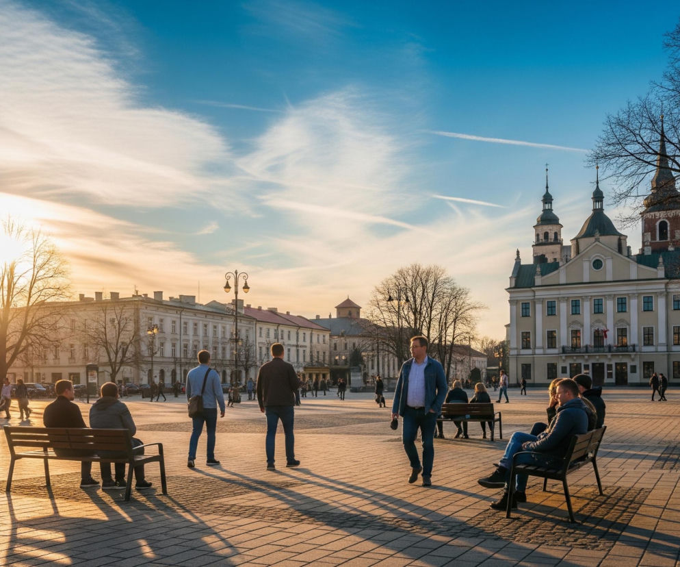 Rozległy plac miejski oświetlony ciepłym, nisko zawieszonym słońcem, które tworzy długie cienie na brukowanej nawierzchni. Po prawej stronie dominuje duży, zabytkowy budynek z dwoma kopulastymi wieżami, ozdobiony detalami architektonicznymi i okrągłymi oknami. Po lewej stronie widać rząd niższych kamienic w jasnych odcieniach, a na horyzoncie, z lewej strony, słońce świeci intensywnie przez bezlistne drzewa. Na placu przebywa wiele osób, zarówno spacerujących, jak i siedzących na licznych ławkach; kilku mężczyzn w centralnej części kadru idzie w kierunku oglądającego. Nad placem rozciąga się błękitne niebo z delikatnymi smugami białych chmur.