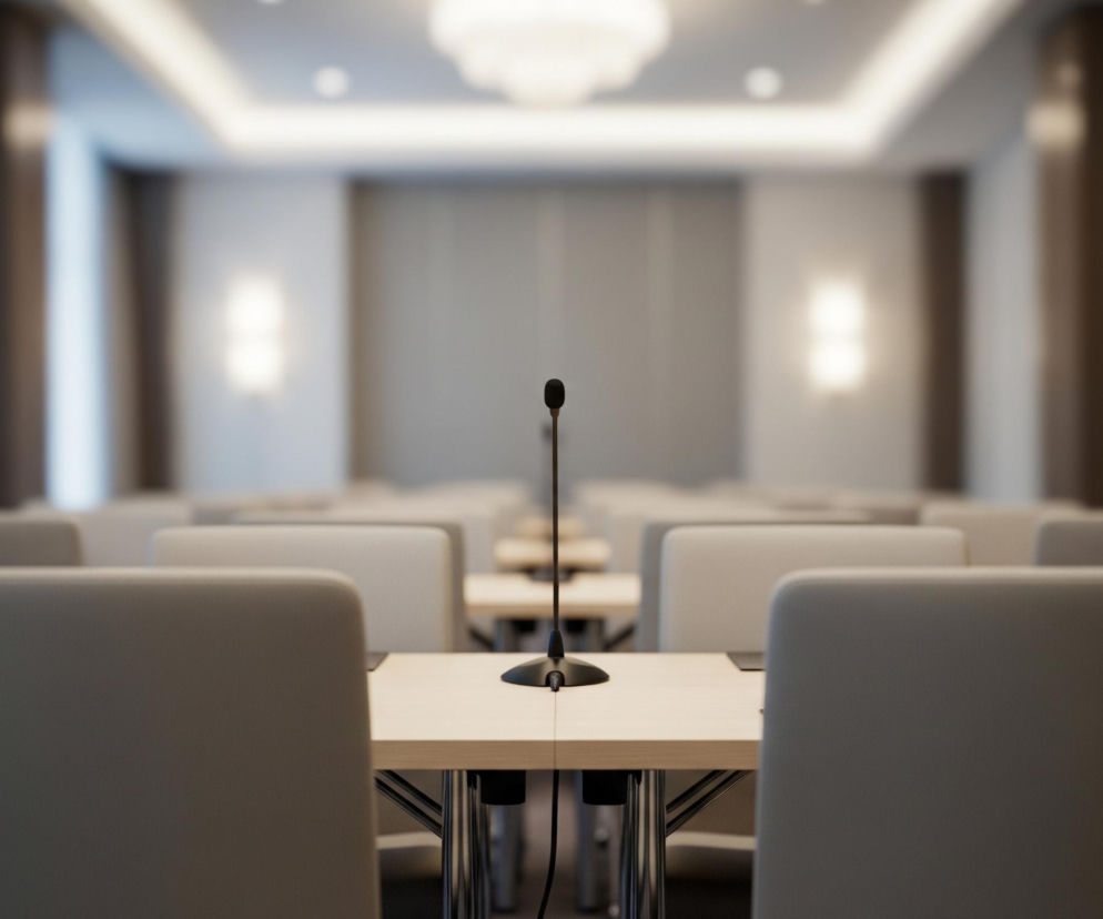 Pośrodku kadru, na jasnym drewnianym blacie stołu, stoi czarny mikrofon na długiej, cienkiej nóżce z okrągłą podstawą. Mikrofon jest centralnym punktem uwagi, otoczonym rzędami beżowych krzeseł z ciemniejszymi obrysami, rozmieszczonych po obu stronach w perspektywie, prowadzącej wzrok w głąb pomieszczenia. W tle widoczne są ściany w odcieniach szarości i beżu, z pionowymi panelami oraz jasnymi, rozświetlonymi kinkietami, a także jasny, podświetlony sufit z centralnym żyrandolem. Cała scena charakteryzuje się płytką głębią ostrości, gdzie ostry jest tylko mikrofon i najbliższe elementy, a reszta tła jest rozmyta.