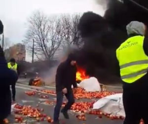 Protesty rolników w Warszawie. Palenie opon i świńskie łby na placu Zawiszy