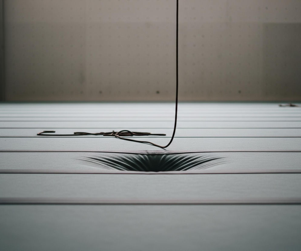 Ciemnobrązowa lina opada pionowo ze szczytu kadru, zagłębiając się w faliste wgłębienie w jasnoszarym podłożu. Podłoże jest pokryte równoległymi, ciemniejszymi liniami, tworzącymi wrażenie desek lub paneli, a po lewej stronie liny leży splątany odcinek innej, cieńszej liny. W tle widać jasne ściany wspinaczkowe: lewa ściana posiada różnokolorowe chwyty wspinaczkowe w kształcie trójkątów i kropek, natomiast prawa ściana jest jednolita, z widocznymi niewielkimi otworami.