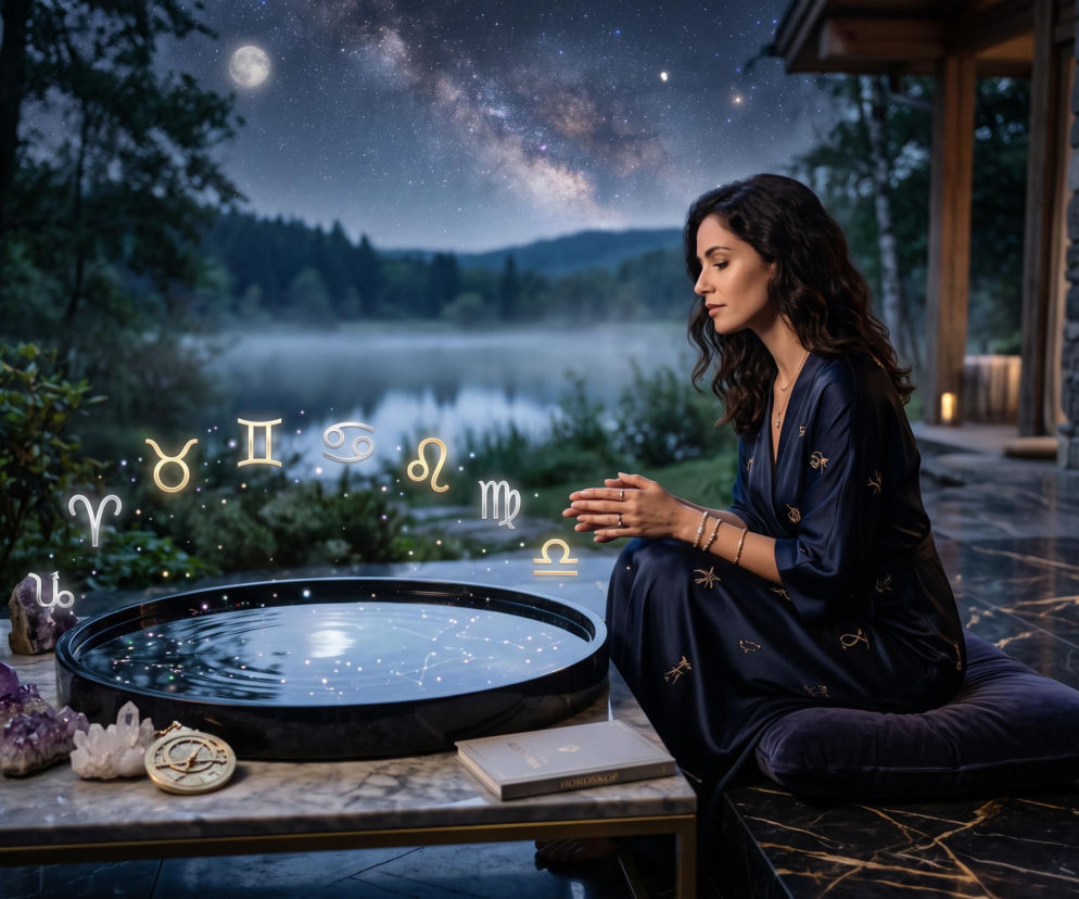 Kobieta medytuje przy misie z wodą i znakami zodiaku pod gwieździstym niebem. O horoskopie dziennym przeczytasz na SE.