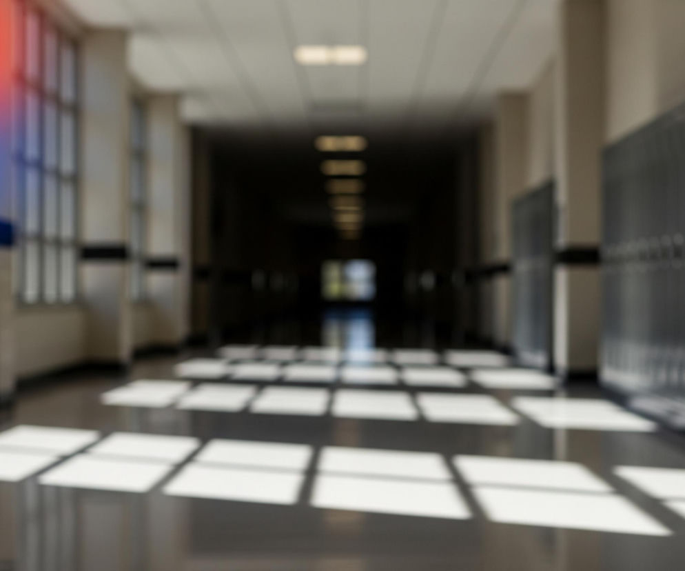 Długi, rozmyty korytarz szkolny rozciąga się w głąb obrazu, z jasnym światłem wpadającym przez okna po lewej stronie. Na podłodze widoczne są wyraźne, prostokątne plamy światła i cienia, tworzące geometryczny wzór. Ściany są kremowe, z ciemnymi pasami biegnącymi wzdłuż dolnej części, a po prawej stronie widać rzędy szafek. W lewym górnym rogu obrazu, nad oknami, pojawia się rozmyta, czerwono-niebieska poświata.