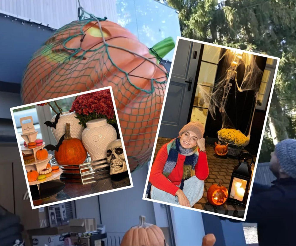 Wielka dynia w siatce przed domem celebrytki. Obok zdjęcia Małgorzaty Sochy i ozdób. O Halloween gwiazd przeczytasz na SE.
