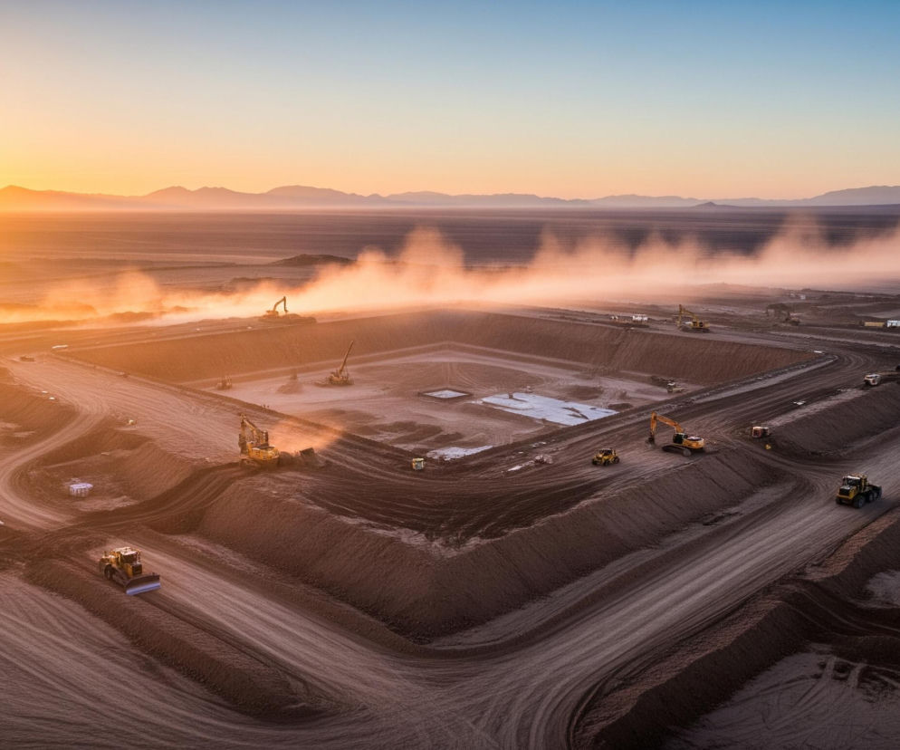 Centralną część obrazu zajmuje rozległy plac budowy w kształcie prostokąta z głębokim wykopem w środku, otoczony nasypami ziemi, gdzie pracują liczne żółte koparki i spychacze. Zachodzące słońce, intensywnie pomarańczowe i jasne, dominuje po lewej stronie horyzontu, rzucając długie cienie i oświetlając kurz unoszący się z terenu, tworząc złocistą, zamgloną atmosferę. W oddali widać ciemne sylwetki gór i płaski teren, podczas gdy niebo przechodzi od intensywnego pomarańczu przy horyzoncie do błękitu w górnej części. Liczne maszyny budowlane i prowizoryczne konstrukcje rozmieszczone są na piaszczystym, brązowo-pomarańczowym podłożu, z wyraźnymi śladami kół i maszyn.