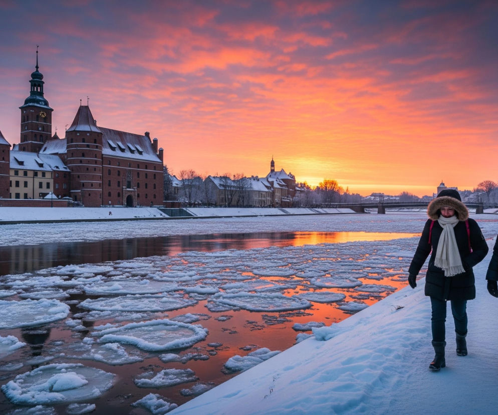 Dwie osoby w zimowych ubraniach idą wzdłuż zaśnieżonego brzegu rzeki, której powierzchnia pokryta jest licznymi płatami lodu. Po lewej stronie rzeki wznosi się kompleks zabytkowych budynków z cegły, z dominującą wieżą zegarową, a ich dachy pokryte są śniegiem. Całość oświetla intensywny, pomarańczowo-różowy blask zachodzącego słońca, odbijający się w rzece i tworzący spektakularne, cętkowane obłoki na niebie.