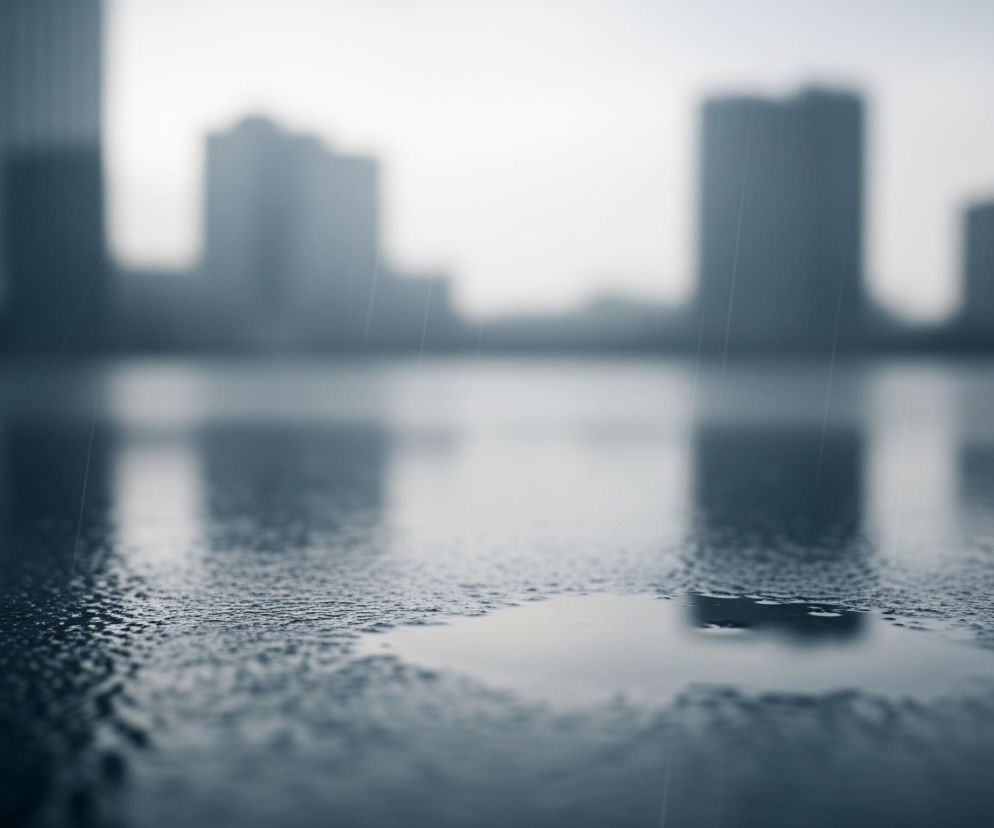 Krople deszczu spadają na ciemną, wilgotną powierzchnię, która odbija rozmyte sylwetki budynków. W centrum pierwszego planu widoczna jest kałuża, wyraźnie odróżniająca się od drobnych kropli. Tło stanowią niewyraźne, ciemne kształty wysokich budowli, tonące w jasnej, mglistej poświacie nieba.