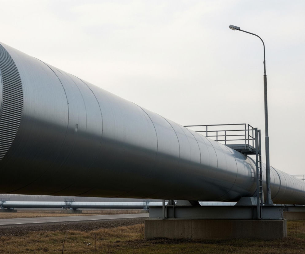 Duża, metalowa rura przebiega przez środek kadru, dominując kompozycję. Jest ona srebrnoszara, z widocznymi poziomymi segmentami i drobnymi, równoległymi liniami na jej powierzchni. Rura opiera się na betonowych podstawach i metalowych konstrukcjach wsporczych, a po jej prawej stronie widać kilka słupów oświetleniowych z lampami ulicznymi. W tle, pod rurą, widoczna jest mniejsza, równoległa rura, również wsparta na betonowych fundamentach, oraz wąska asfaltowa droga biegnąca przez wysuszoną trawę. Horyzont tworzy zalesiony obszar, a niebo jest jasne i zachmurzone.