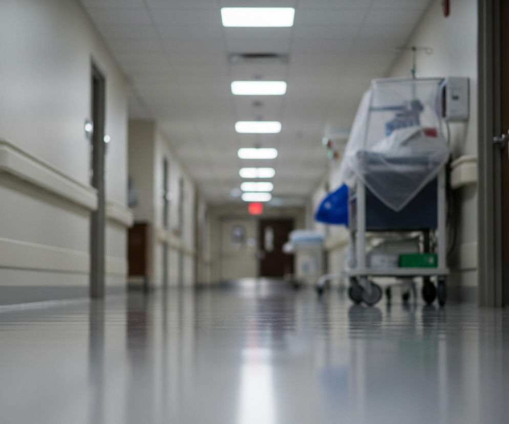 Długi, prosty korytarz szpitalny rozciąga się w głąb obrazu, z niskim kątem widzenia podkreślającym błyszczącą, jasnoszarą podłogę odbijającą światło. Po obu stronach widoczne są ściany w odcieniach bieli i beżu z jasnymi, poziomymi poręczami, które prowadzą wzrok w kierunku oddalonych drzwi. Na suficie regularnie rozmieszczone są prostokątne, jaskrawo świecące lampy, a w oddali, po prawej stronie, stoi częściowo przysłonięty medyczny wózek na kółkach, z wiszącym sprzętem i elementami owiniętymi w białą folę.
