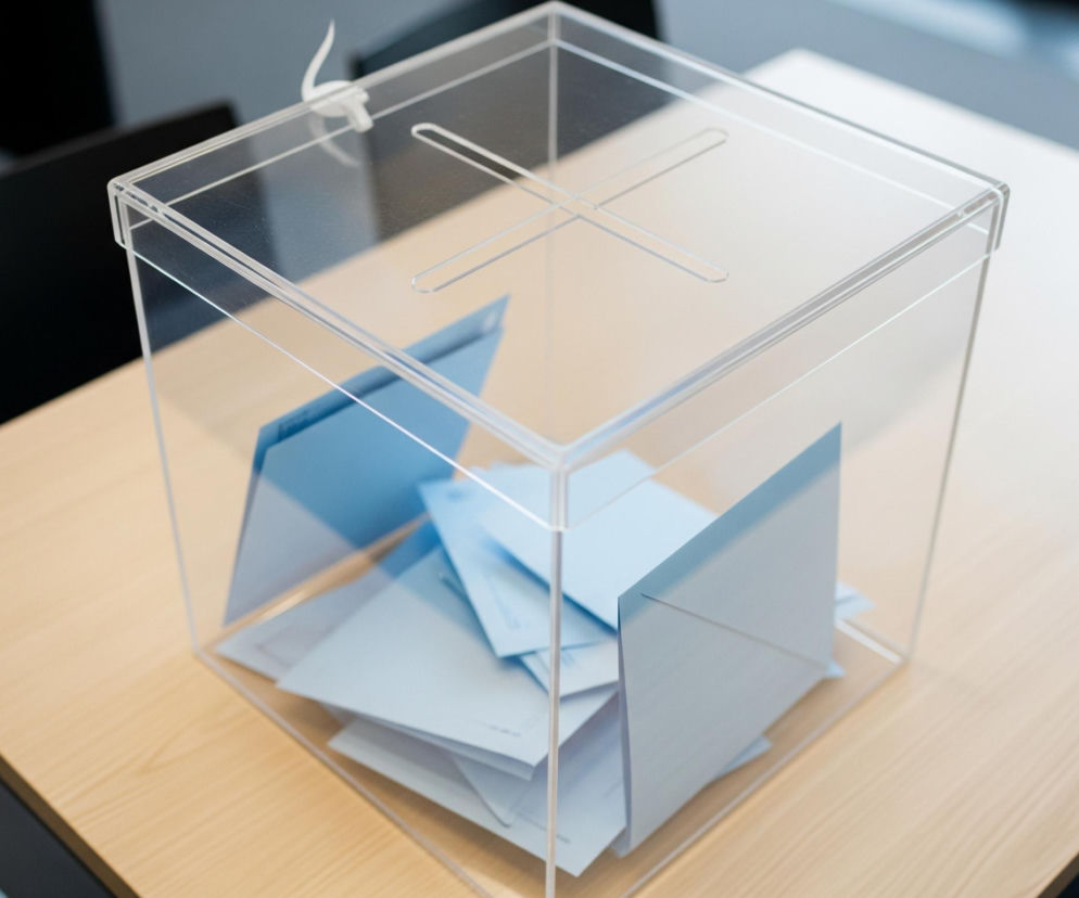 Przezroczysta urna z pleksi stoi na jasnym, drewnianym blacie stołu. Wewnątrz urny znajduje się stos niebieskich kopert, niektóre ułożone płasko, inne nachylone pod różnymi kątami. Na górnej powierzchni urny widoczny jest długi, wąski otwór w kształcie prostokąta, służący do wrzucania kopert, oraz mały, przezroczysty element zabezpieczający w kształcie krzyża. Tło jest rozmyte, z ciemnymi kształtami, prawdopodobnie krzeseł lub innych mebli biurowych.