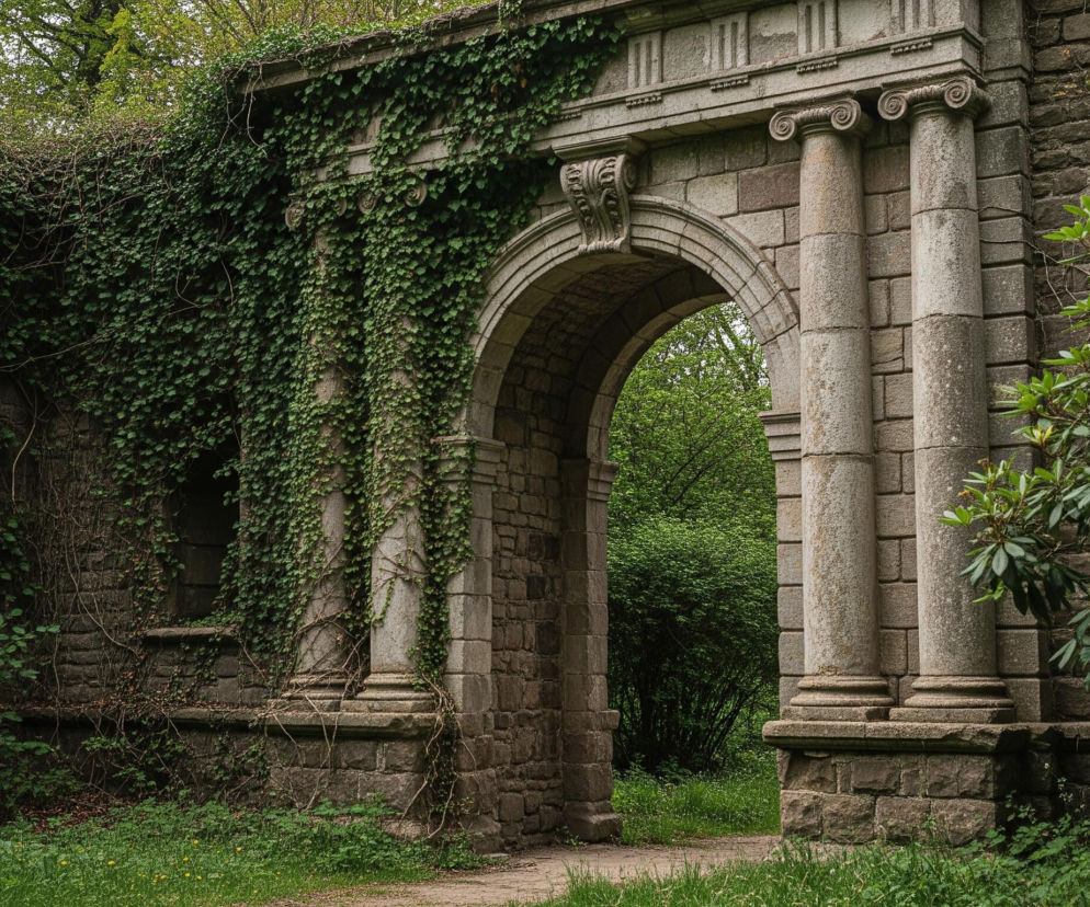 Centralne miejsce zajmuje kamienna, łukowata brama w starym stylu architektonicznym, z kolumnami ozdobionymi spiralnymi kapitelami. Znaczna część kamiennych murów budowli pokryta jest gęstym, ciemnozielonym bluszczem, a na ziemi rośnie soczyście zielona trawa i drobne rośliny. Przez łuk bramy widać dalsze, ciemnozielone zarośla i drzewa, sugerujące wejście do zacienionego ogrodu lub lasu. Po prawej stronie widać również fragment krzewu o dużych, ciemnozielonych liściach.