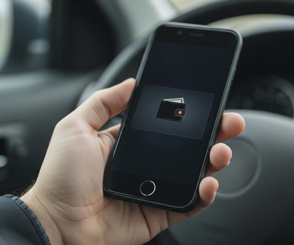 Prawa dłoń osoby trzyma czarny smartfon z zaokrąglonymi rogami, ukazujący ikonę portfela w centralnej części ekranu. Na czarnej ikonie portfela widać pomarańczową kropkę i białe szwy, a za nim wystają zielone i białe banknoty. Tło obrazu jest rozmyte, przedstawiając wnętrze samochodu z widoczną kierownicą i deską rozdzielczą.