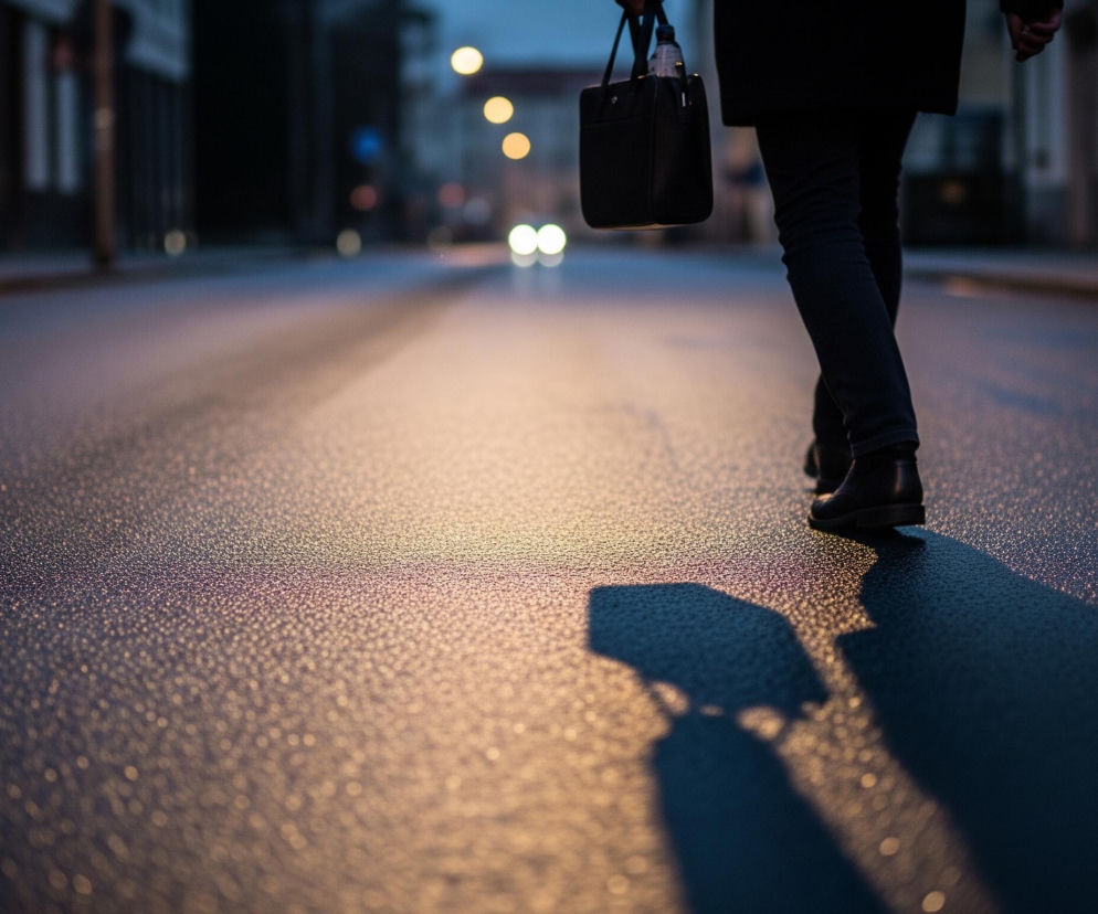 Osoba ubrana w ciemne spodnie i kurtkę idzie ulicą, niosąc czarną torbę w lewej ręce. Jej kroki rzucają długi, ciemny cień na nawierzchnię. Ulica jest mokra, a liczne drobne krople wody odbijają światło, tworząc efekt błysków. W tle widać rozmazane światła uliczne i reflektory nadjeżdżających samochodów, a także niewyraźne zarysy budynków. Całość utrzymana jest w chłodnych odcieniach niebieskiego i szarości, z ciepłymi akcentami pomarańczowego światła.