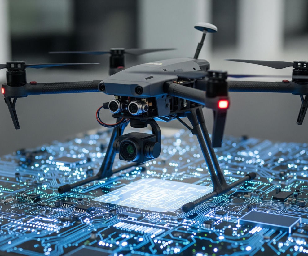 Na pierwszym planie widoczny jest czarny dron z czterema śmigłami, stojący na ciemnej, świecącej na niebiesko płycie głównej. Dron ma szary korpus, czarne ramiona i nogi, oraz podwieszoną kamerę. Na końcach ramion drona znajdują się małe, czerwone diody LED, a na górze korpusu wystaje biała antena. Płyta główna jest gęsto pokryta świecącymi na niebiesko ścieżkami i punktami, które imitują połączenia elektryczne i komponenty elektroniczne. Tło jest rozmyte i jednolite, w odcieniach szarości.