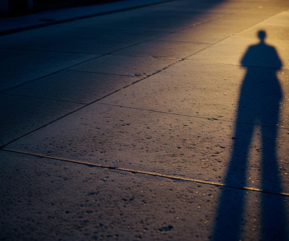 Na chodniku z dużych, prostokątnych płyt rozciąga się długi, ciemny cień człowieka, padający z prawej strony kadru w kierunku lewej. Powierzchnia chodnika ma chropowatą teksturę, miejscami odbijając światło w postaci drobnych, jasnych punktów, szczególnie w obszarze oświetlonym. Cień charakteryzuje się wyraźnie zarysowanymi ramionami i głową. Obszar chodnika po lewej stronie jest znacznie ciemniejszy i ma odcień granatowy, natomiast po prawej stronie dominuje ciepłe, pomarańczowo-żółte światło.