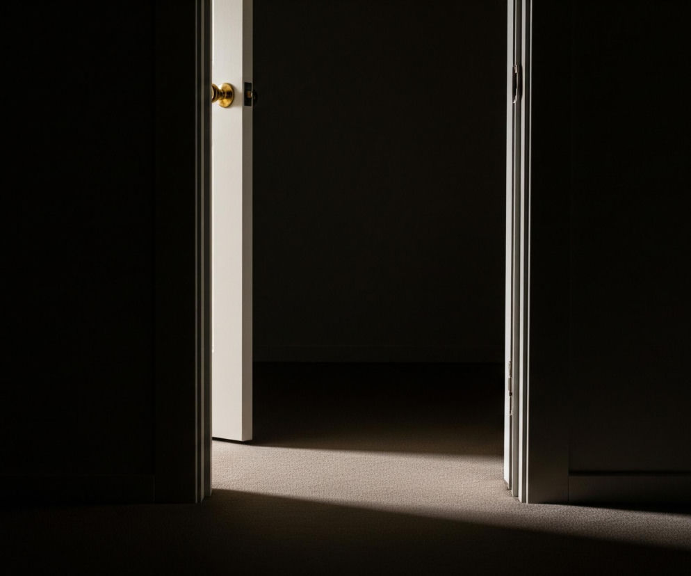 Otwarte drzwi, przez które wpada strumień jasnego światła na podłogę pokrytą wykładziną dywanową. Ściany i większa część podłogi po obu stronach drzwi są pogrążone w głębokim cieniu, tworząc silny kontrast. Na framudze drzwi po lewej stronie widoczna jest złota klamka, a po prawej stronie, na ościeżnicy, widoczna jest srebrna płytka zamka.