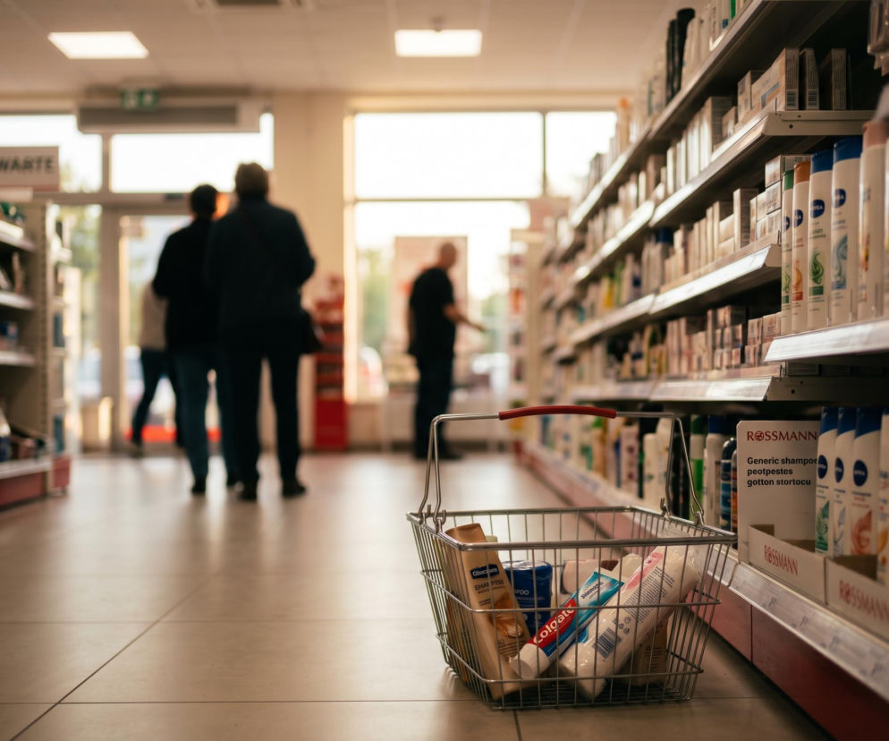 Koszyk zakupowy z kosmetykami na pierwszym planie w drogerii Rossmann. W tle widać półki z produktami i niewyraźne sylwetki klientów. Artykuł na Super Biznes informuje o godzinach otwarcia drogerii w Boże Ciało 2026.
