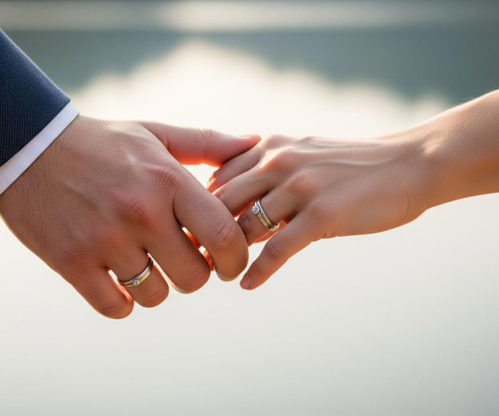 Dwie dłonie, męska i kobieca, splatają się ze sobą w centralnej części kadru, na tle rozmytego, jasnego tła. Męska dłoń po lewej stronie ma na palcu serdecznym złotą obrączkę z małym, przezroczystym kamieniem. Lewy rękaw garnituru męskiego, widoczny na obrazie, jest ciemnoniebieski z trzema czarnymi guzikami i białą mankietą koszuli. Kobieca dłoń po prawej stronie również ma na palcu serdecznym srebrną obrączkę z przezroczystym kamieniem. Tło rozmyte, z jasnym odcieniem w dolnej części i ciemniejszym, lekko zielonkawym w górnej, sugeruje odbicie światła na powierzchni wody.