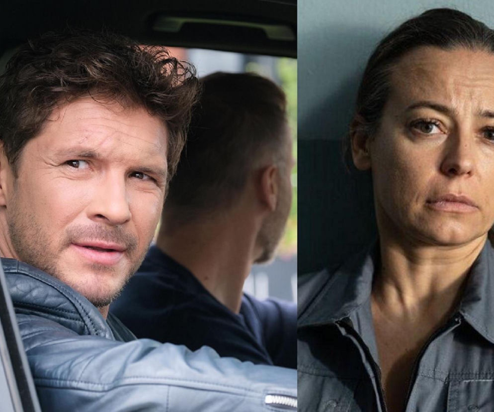 Marcin (Mikołaj Roznerski) w jasnej, skórzanej kurtce, spogląda w obiektyw z samochodu, z postacią w tle, obok Magda (Anna Mucha) w szarym więziennym stroju, z poważnym wyrazem twarzy. Zdjęcie ilustruje kluczowy moment w walce o niewinność Magdy, o czym więcej na Super Seriale.