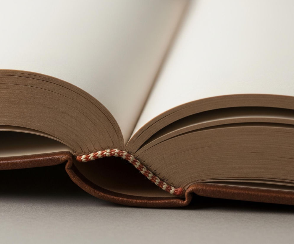 Otwarta książka z brązowymi kartkami i okładką znajduje się na szarym blacie, ujęta w perspektywie z bliska, ukazującej jej środek. Widoczne są dwie strony tytułowe o jasnym, kremowym odcieniu, które rozciągają się w górnej części kadru. Grube, spięte bloki kartek mają ciemnobrązowy kolor, a ich brzegi tworzą falujące linie. Grzbiet książki jest wyraźnie widoczny, z widocznym łączeniem stron za pomocą plecionej, czerwono-białej nici.