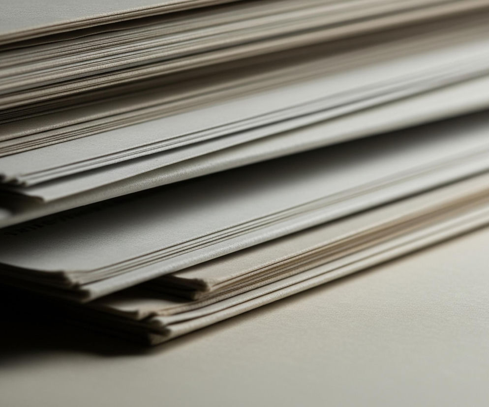 Ułożony stos dokumentów, złożonych arkuszy papieru, jest centralnym elementem obrazu, zajmującym lewą i środkową część kadru. Stos jest lekko przechylony, a jego krawędzie są widoczne w głębi, tworząc warstwową teksturę. Dominują odcienie szarości i beżu, z ciemniejszymi cieniami po lewej stronie i jaśniejszymi partiami na wierzchu i prawej stronie, co sugeruje światło padające z góry i z prawej strony. Dolna prawa część obrazu jest rozmyta i jaśniejsza, stanowiąc tło dla ostrych detali stosu papieru.