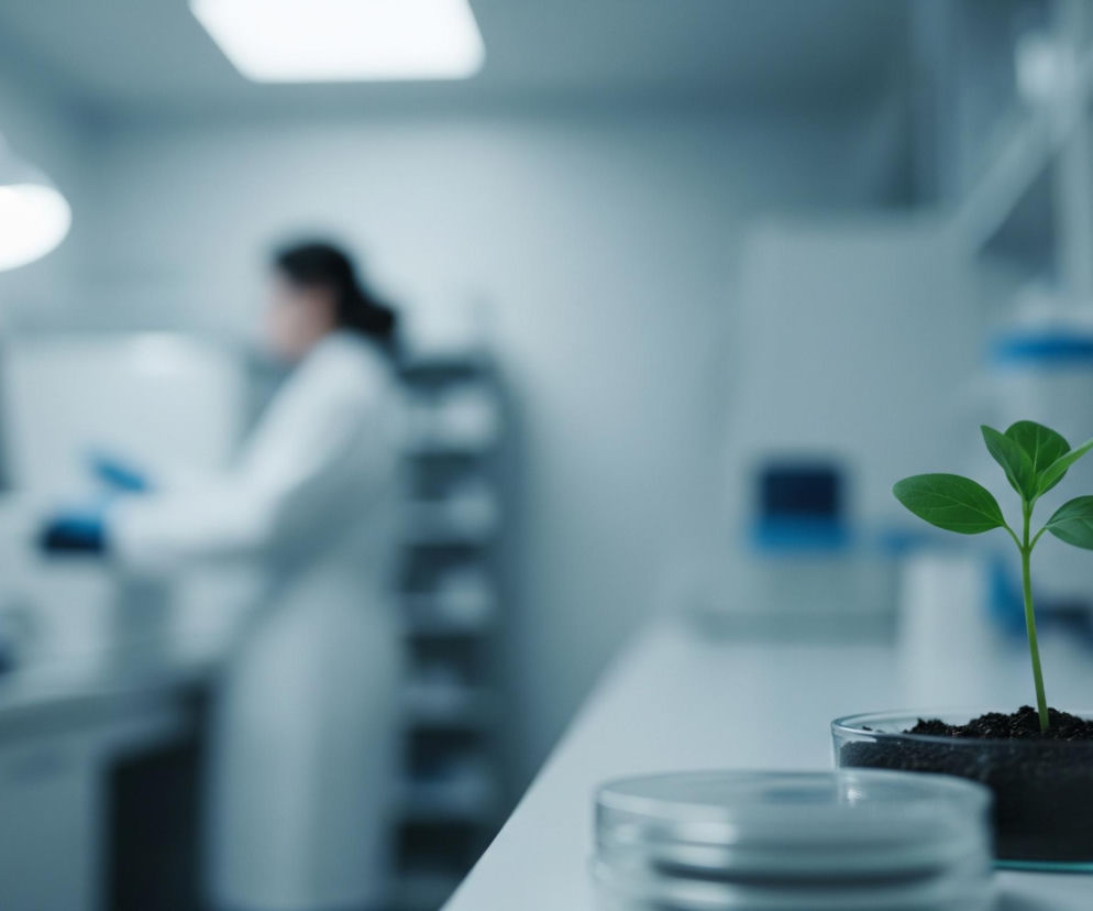 Na pierwszym planie, z prawej strony, stoi szklana płytka Petriego wypełniona ciemną ziemią, z której wyrasta młoda, zielona roślina z trzema liśćmi. Obok niej, również po prawej, widoczna jest szklana butelka laboratoryjna, także wypełniona ziemią. Dalej na pierwszym planie, lekko rozmyte, leżą na białej powierzchni co najmniej dwie okrągłe, przezroczyste płytki Petriego. W tle, rozmyta postać osoby w białym fartuchu i niebieskich rękawiczkach pracuje przy stole laboratoryjnym, otoczona jasnymi, laboratoryjnymi wnętrzami i regałami.