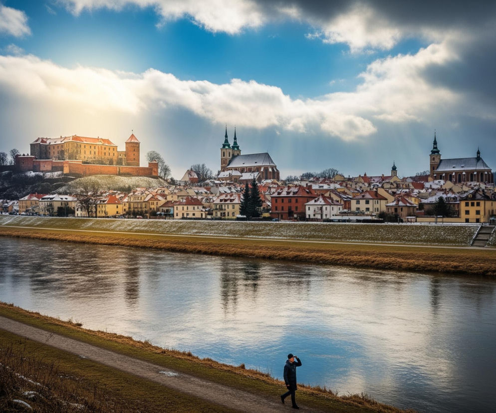 Panorama zimowego miasteczka rozciąga się wzdłuż rzeki, zajmując centralną część kadru. Na lewym brzegu widać osobę w ciemnej kurtce i czapce, idącą ścieżką obok wody. W tle, na wzgórzu, dominuje duży, ceglany zamek z kilkoma wieżami, otoczony murem, a poniżej niego rozpościera się gęsta zabudowa domów z czerwonymi dachami pokrytymi warstwą śniegu. Nad miastem górują smukłe wieże dwóch kościołów, a niebo, częściowo błękitne z białymi chmurami, rozjaśnia intensywne, słoneczne światło po lewej stronie.