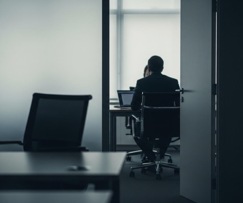 W centrum kadru, w oddali, siedzi plecami do widza postać w ciemnym garniturze, prawdopodobnie mężczyzna, przy biurku z otwartym laptopem. Postać znajduje się w pomieszczeniu z dużym, jasnym oknem w tle, tworzącym rozmyte, białe światło. Pomieszczenie to jest oddzielone od pierwszego planu częściowo uchylonymi drzwiami po prawej stronie i ścianą z matowego szkła po lewej, która odbija światło w chłodnych odcieniach szarości. Na pierwszym planie, bliżej lewej strony, widoczne są fragmenty pustego biurka oraz czarne krzesło biurowe, z częściowo widocznym ekranem monitora po prawej stronie biurka.