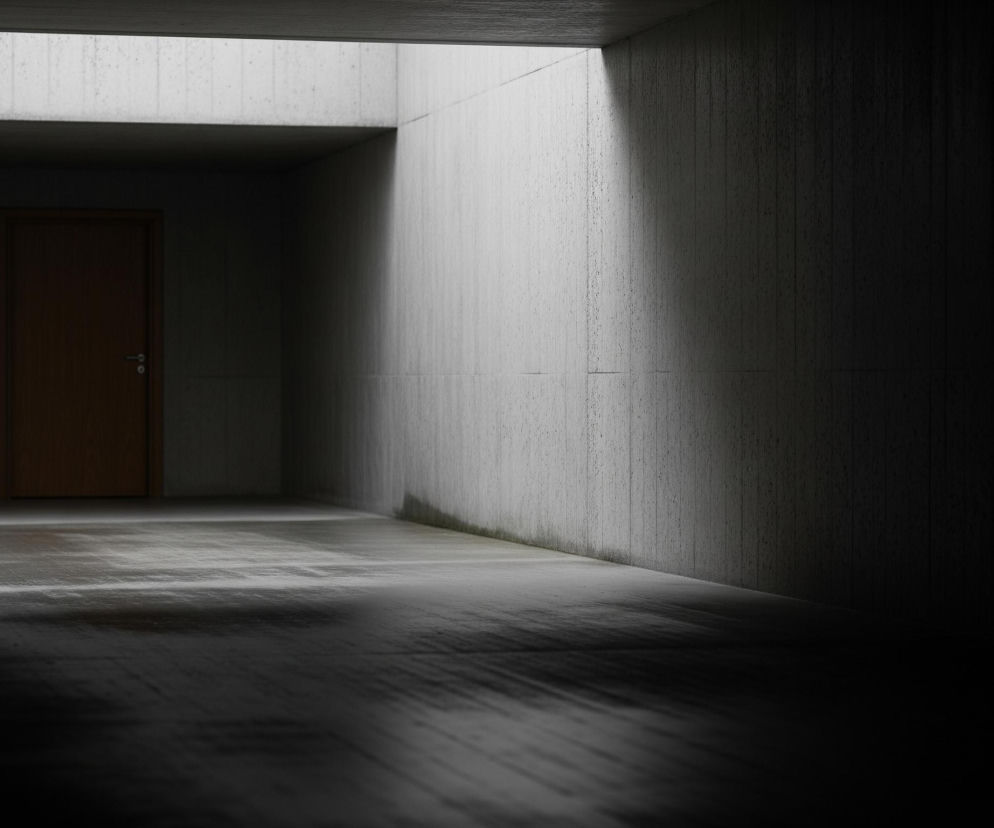 Długi korytarz z betonu architektonicznego rozciąga się w głąb, zanurzając się w mroku po prawej stronie. Po lewej stronie, w oddali, widoczne są brązowe, zamknięte drzwi z klamką, częściowo oświetlone. Światło wpada z góry, tworząc jasne pasy na ścianach i podłodze, z wyraźnymi cieniami oraz teksturami betonu.