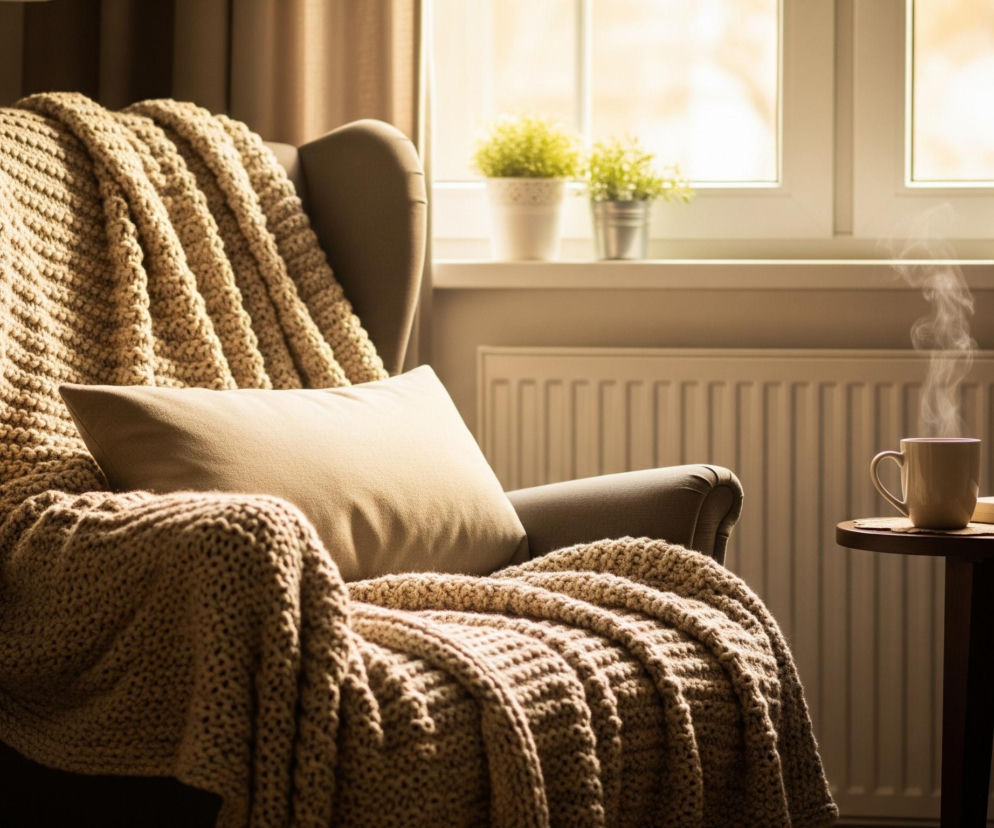 W centrum obrazu znajduje się beżowy fotel obity grubym, dzianinowym kocem w jasnym odcieniu brązu. Na oparciu fotela leży prostokątna, beżowa poduszka. Po prawej stronie fotela stoi mały, okrągły, drewniany stolik, na którym znajduje się jasna filiżanka z parującym napojem oraz zamknięta książka.

W tle widoczne jest duże okno z białymi ramami, przez które wpada jasne, rozproszone światło. Na parapecie okna stoją trzy małe doniczki z zielonymi roślinami: dwie w białych pojemnikach i jedna w metalowym wiaderku. Pod oknem znajduje się biały grzejnik żeberkowy. Całość utrzymana jest w ciepłej tonacji barw, dominują beże, brązy i jasne żółcie.