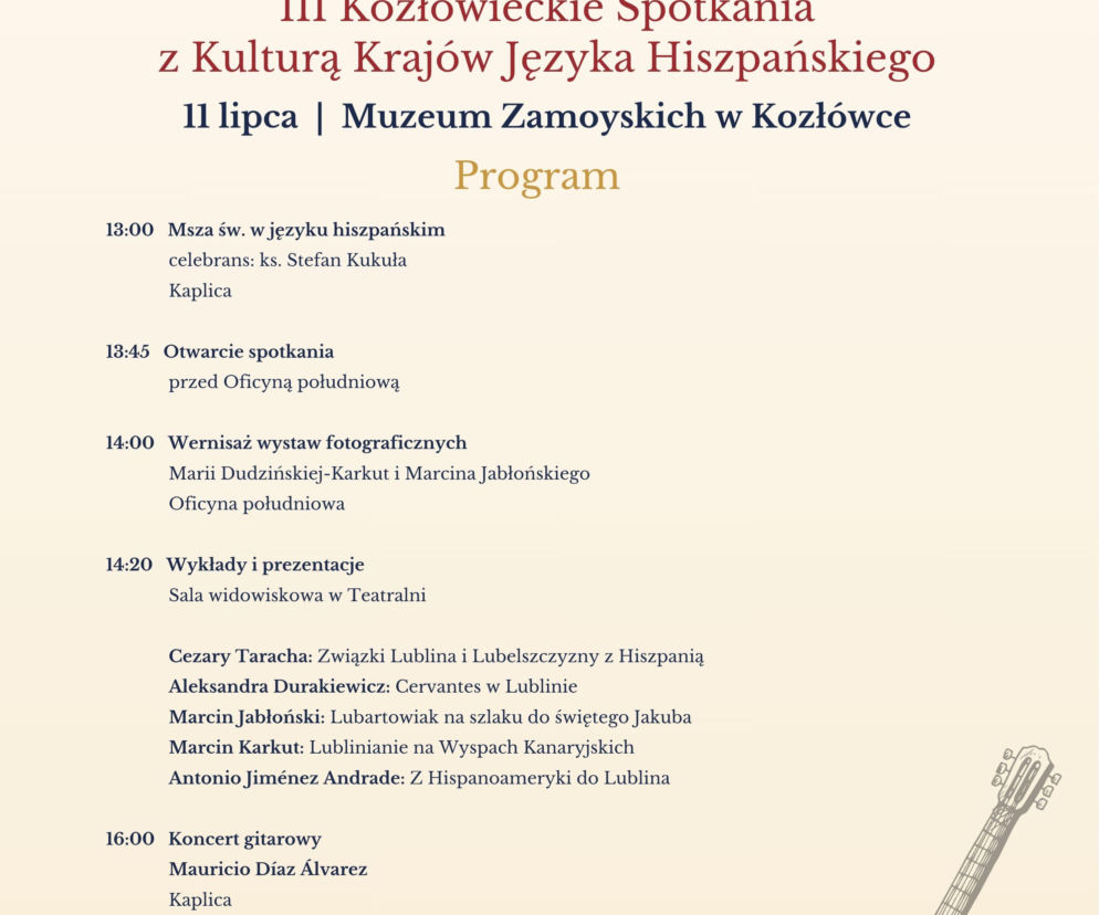 Plakat wydarzenia w Muzeum Zamoyskich z programem spotkań z kulturą hiszpańską. O szczegółach przeczytasz na Radioplus.
