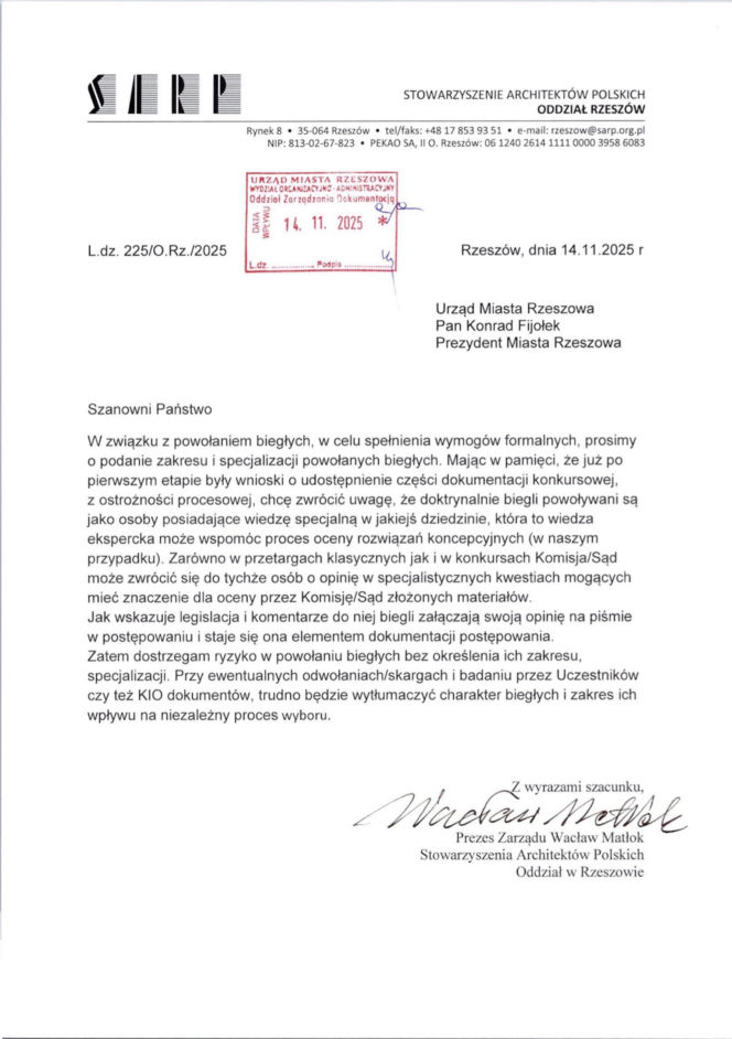 Odpowiedź SARP o. Rzeszów na pismo powołujące biegłych