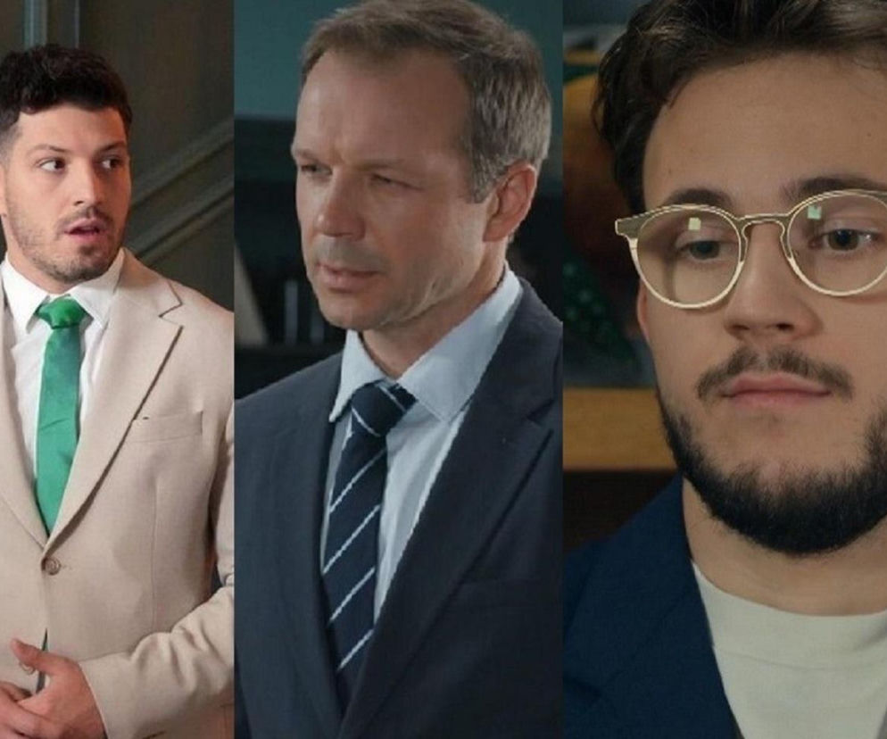 Kolaż trzech zdjęć przedstawiający Justina (Jasper Sołtysiewicz) w beżowym garniturze z zielonym krawatem, Bruna (Lesław Żurek) w granatowym garniturze i krawacie w paski, oraz Kajtka (Jakub Dmochowski) w okularach. Trzej bohaterowie serialu Barwy Szczęścia stoją w różnych pomieszczeniach, patrząc w bok lub w dół. Więcej o ich losach na Super Seriale.