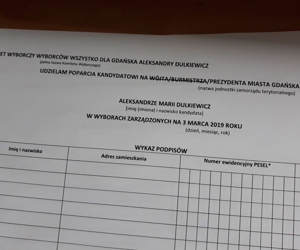 Na takich listach zbierane są dziś podpisy pod kandydaturą Aleksandry Dulkiewicz