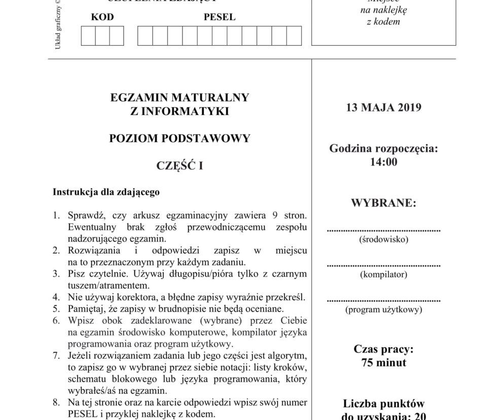 Matura 2019 ARKUSZE CKE z informatyki POZIOM PODSTAWOWY