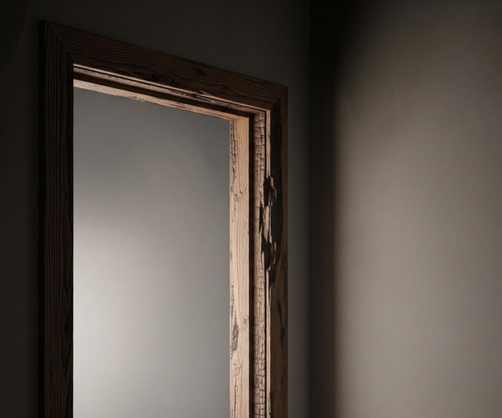 Pusta, drewniana futryna drzwiowa widoczna jest w perspektywie, z lewej strony kadru, a przez jej otwór przebija się jasne światło. Drewno futryny ma nieregularną teksturę, z widocznymi słojami i pęknięciami, zwłaszcza na wewnętrznych krawędziach, i jest ciemnobrązowe z jaśniejszymi, rdzawymi przebarwieniami. Ściana po lewej stronie futryny jest ciemnoszara, przechodząca w czerń w górnym rogu, natomiast ściana po prawej stronie ma jaśniejszy, ciepły, beżowo-szary odcień, z delikatnym cieniem rozciągającym się w prawy górny róg.