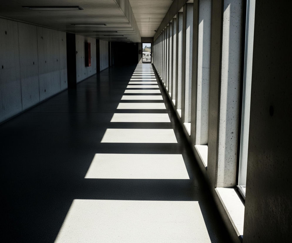 Długi, prosty korytarz rozciąga się w głąb obrazu, z ciemnymi ścianami i podłogą, oraz sufitem, na którym widać prostokątne oprawy oświetleniowe. Po prawej stronie szereg wysokich, betonowych słupów tworzy okna, przez które wpada intensywne światło słoneczne, rzucając jasne, prostokątne pasy na ciemną podłogę. W tle, na końcu korytarza, widać otwarte drzwi prowadzące na zewnątrz, gdzie zza drzew widać fragment jasnego nieba.