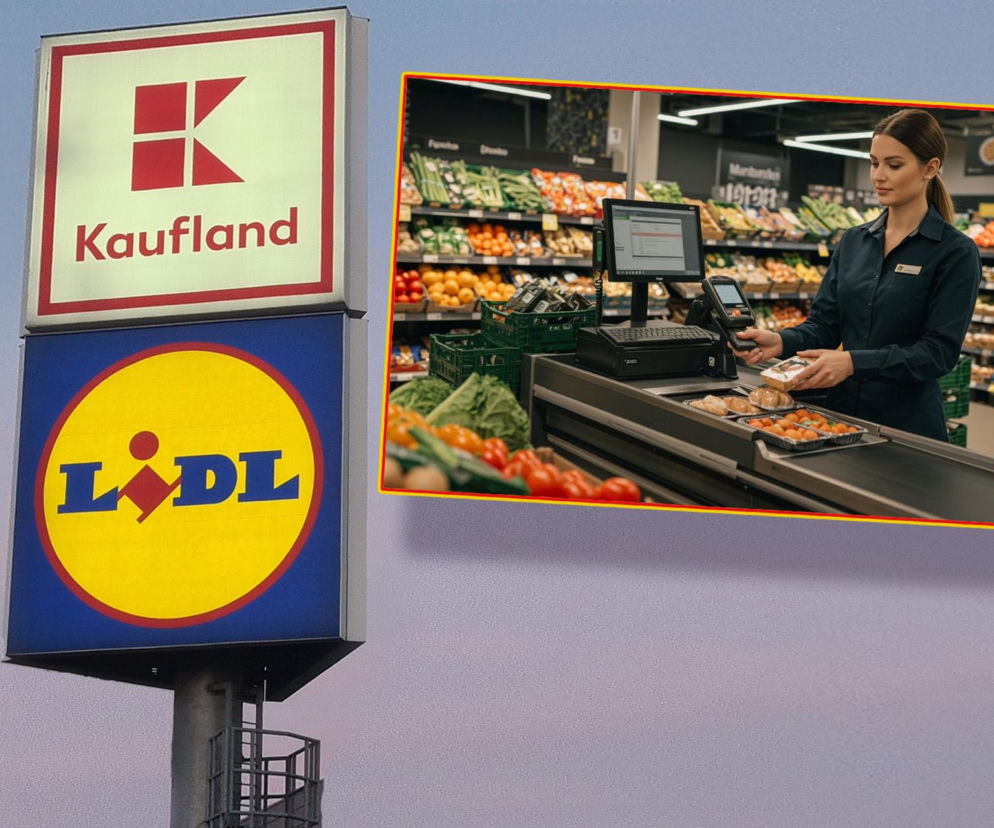 Słupy z logo Kaufland i Lidl, obok kasjerka skanująca produkty na tle regałów z warzywami. Zdjęcie ilustruje temat różnic w premiach świątecznych dla pracowników tych sieci, o czym można przeczytać na Super Biznes.
