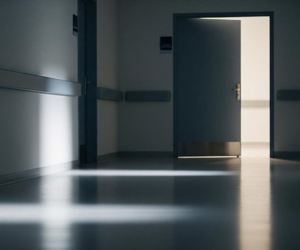 Długi korytarz z drzwiami po obu stronach rozciąga się w głąb obrazu, ukazując odległe źródło światła. Ściany są jasnoszare, a podłoga ciemnoszara, miejscami odbijająca światło. Wzdłuż ścian biegną poziome barierki ochronne w odcieniach szarości. W centrum obrazu znajduje się lekko uchylone ciemnoszare drzwi, zza których wydobywa się intensywne, jasne światło. Na podłodze widoczne są wyraźne, prostokątne refleksy światła, tworzące kształt krzyża lub litery T, podkreślające perspektywę i głębię.