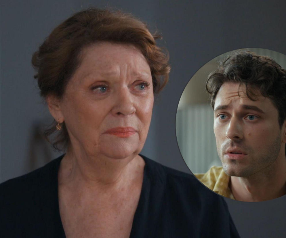 Starsza kobieta w czarnej bluzce z zmartwioną miną, obok w okręgu mężczyzna w żółtej koszuli w kratę, z krótkimi kręconymi włosami i niebieskimi oczami. Scena ilustruje trudne decyzje Rawiczowej i jej walkę o spotkanie z synem w więzieniu w serialu Barwy Szczęścia, o czym przeczytasz na Super Seriale.