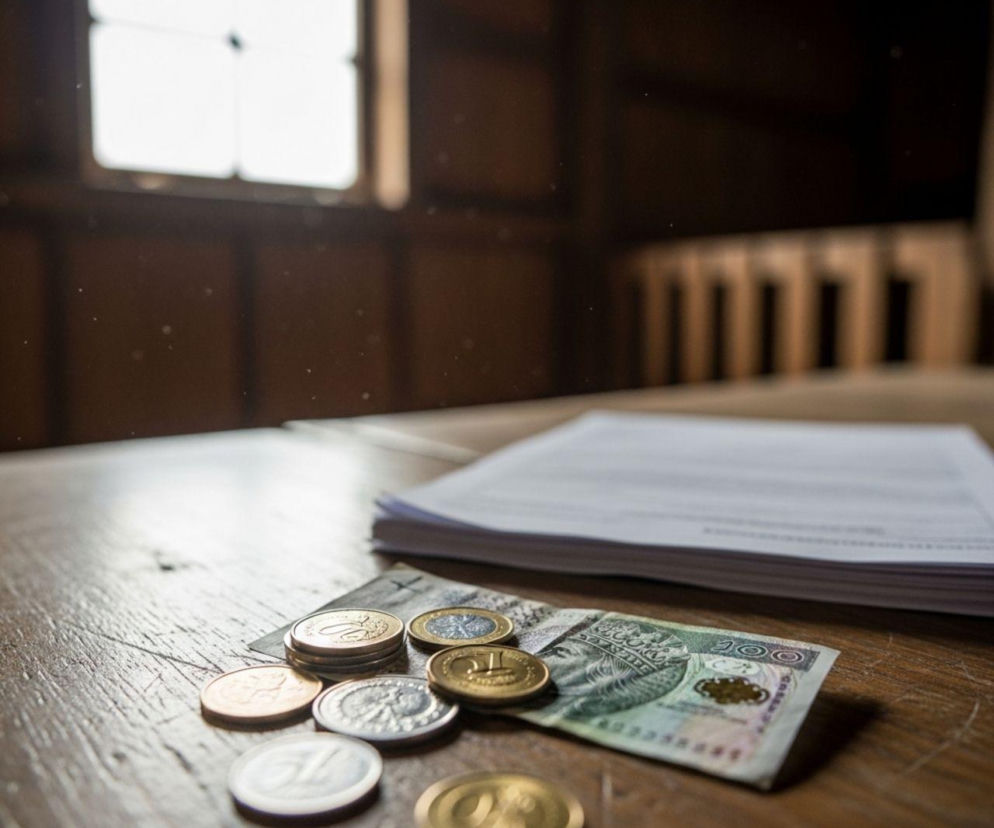 Banknot 100 zł i monety leżące na drewnianym stole obok stosu dokumentów, symbolizujące niskie zyski rolników i potrzebę wsparcia finansowego. O problemach w rolnictwie i dotacjach przeczytasz na Super Biznes.