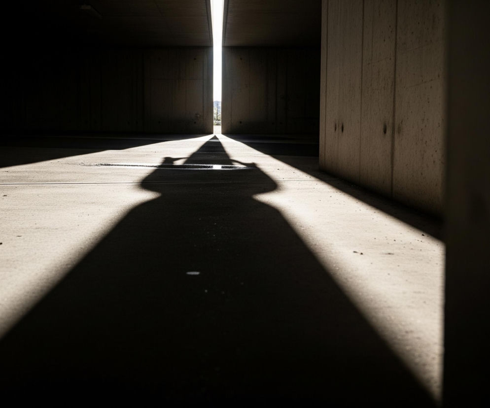 Długa, ciemna przestrzeń, prawdopodobnie tunel lub przejście podziemne, jest oświetlona silnym światłem wpadającym z dalekiego końca. Światło tworzy wydłużony, spiczasty cień na środku cementowej podłogi, przypominający kształt człowieka w kapeluszu. Betonowe ściany i sufit po obu stronach są w głębokim cieniu, jedynie podłoga w centralnej części i daleki otwór są jasno oświetlone.