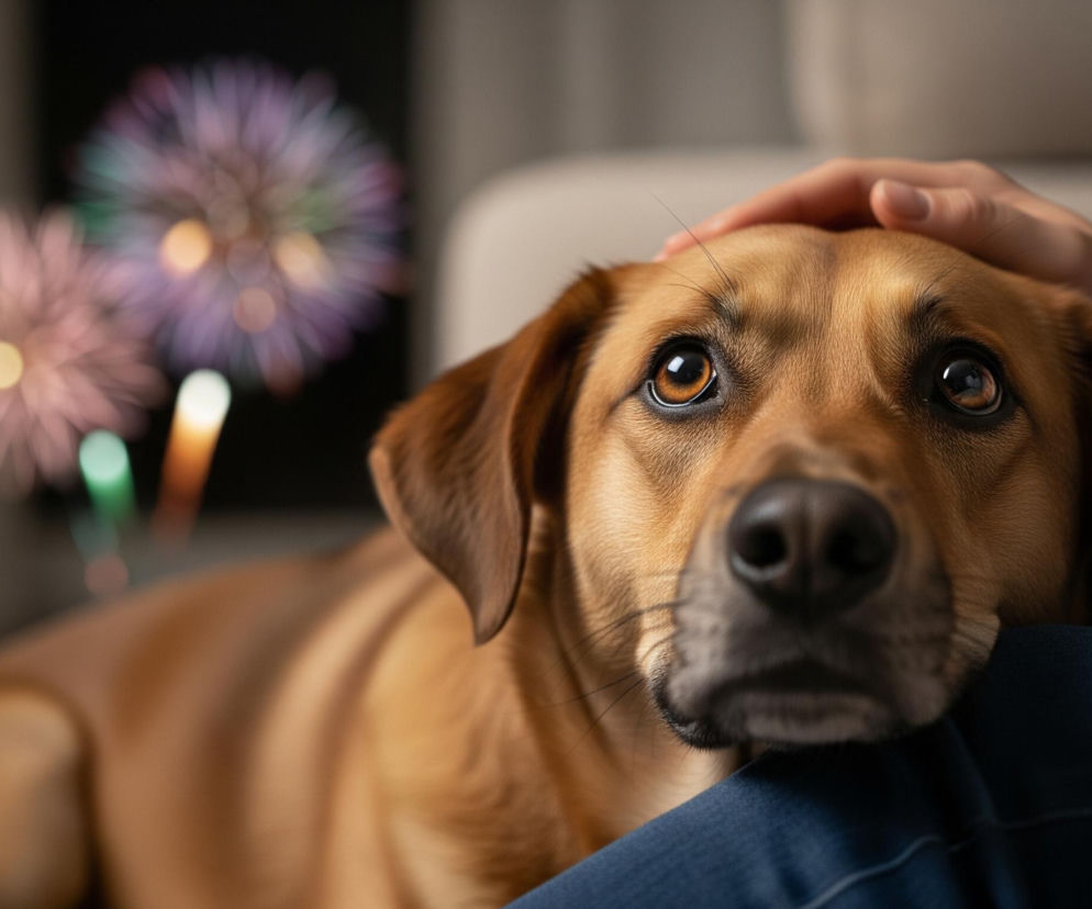 Brązowy pies leży, opierając pysk na kolanach osoby ubranej w ciemnoniebieskie dżinsy, podczas gdy ręka gładzi jego głowę. Pies patrzy w górę dużymi, błyszczącymi, brązowymi oczami, w których odbija się światło. W tle widać rozmyte, kolorowe, świecące punkty przypominające fajerwerki w odcieniach różu, fioletu, zieleni i pomarańczu na ciemnym tle.