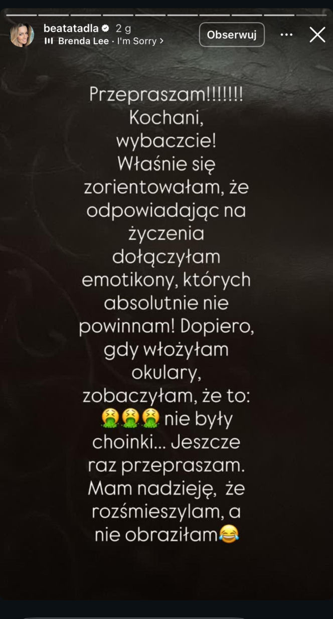 Beata Tadla przeprasza