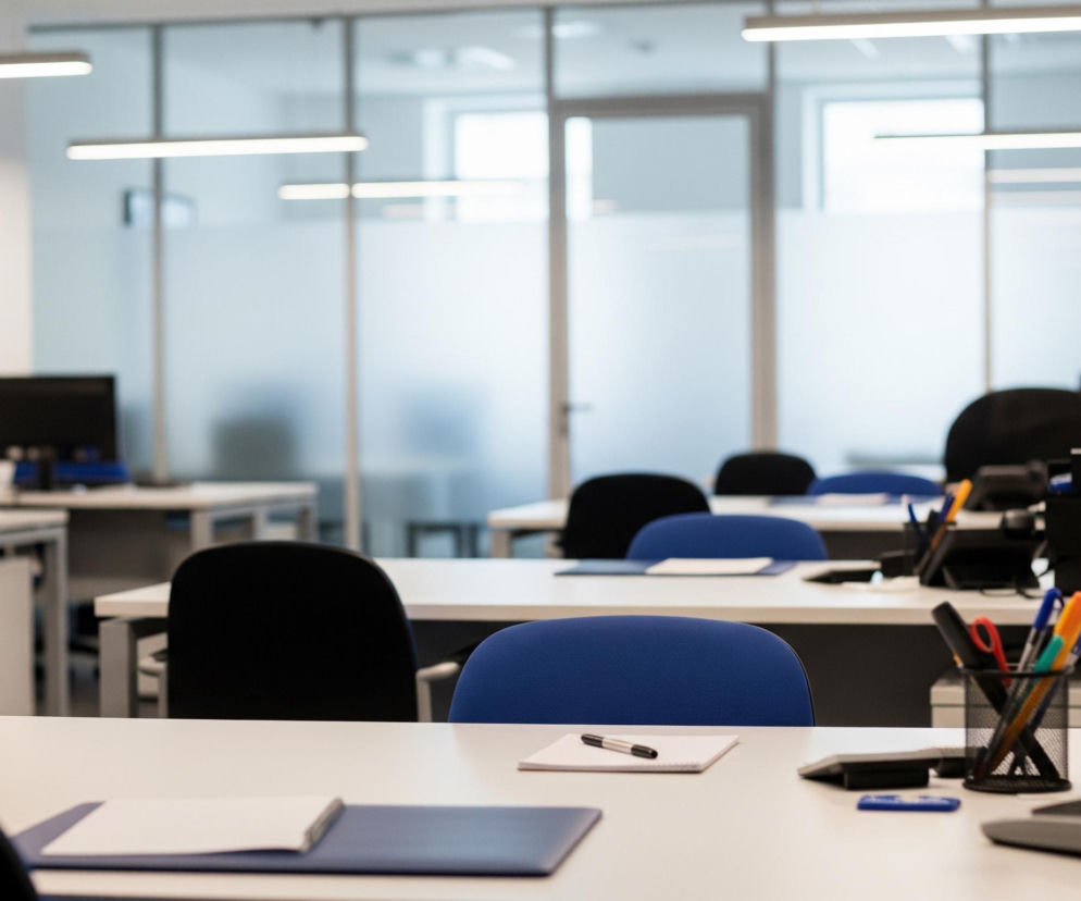 Wnętrze biura ukazuje rzędy jasnych biurek z krzesłami, z których niektóre są granatowe, a inne czarne. Na pierwszym planie, na białym blacie, leżą notes, długopis, tablet graficzny i stojak z kolorowymi markerami i nożyczkami, obok pliku dokumentów w pionowym segregatoze. Tło wypełniają matowe, przeszklone ścianki działowe oddzielające kolejne pomieszczenia, z widocznymi zza nich białymi ścianami i świetlówkami liniowymi zamontowanymi na suficie.